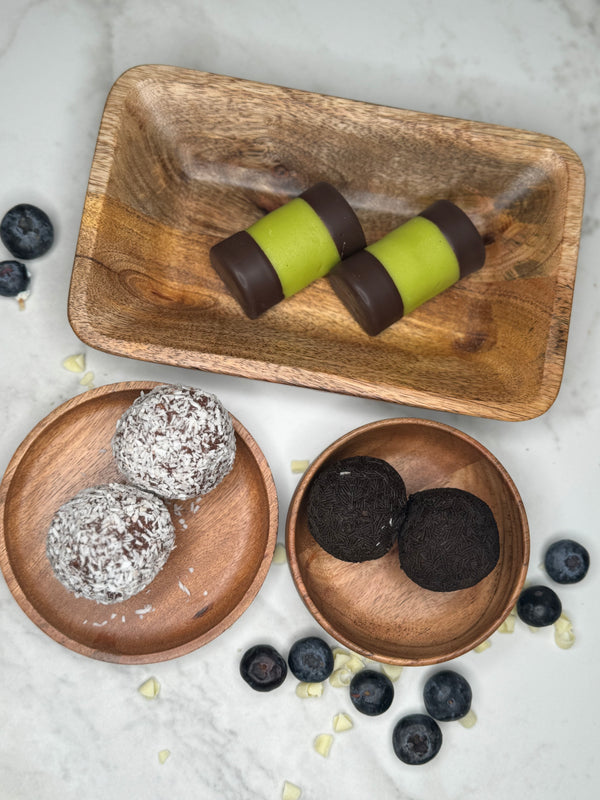 Kondisbitar olika sorter såsom dammsugare, chokladboll och myrstack fotade ovanifrån.